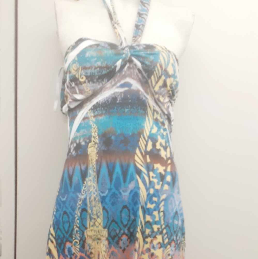 FANTASIA Halter Jersey dress Paris Scene Strappy lace Dress beach Cover up M L